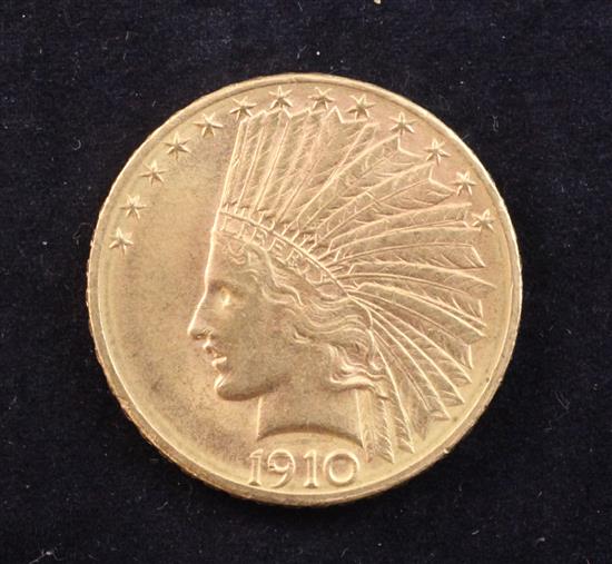 A USA 1910 Indian head gold 10 dollars,